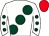 White, large dark green spots, white sleeves, dark green spots, red cap