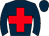 Dark blue, red cross, dark blue cap