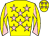 Yellow, pink stars, diabolo on sleeves and stars on cap