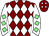 Maroon and white diamonds, white sleeves, light green diamonds
