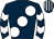 Dark blue, large white spots, dark blue and white chevrons on sleeves, dark blue and white striped cap