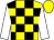 Yellow and black check, white sleeves, yellow cap