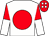 White, red disc, red and white halved sleeves, red cap, white spots