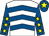 White, royal blue chevrons, royal blue sleeves, yellow stars, royal blue cap, yellow star