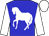 Blue, white horse, white sleeves and cap