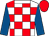 White and red checks, white collar, royal blue sleeves, red cap