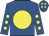 Royal blue, yellow disc, yellow spots on sleeves, royal blue cap, yellow spots
