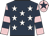 Dark blue, white stars, pink and dark blue hooped sleeves, pink cap, dark blue star