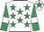 White, emerald green stars, emerald green sleeves, white armlets, white cap, emerald green star