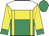 yellow and emerald green halved horizontally, yellow braces, white yoke, yellow sleeves, emerald green cuffs, emerald green cap