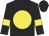 Black body, yellow disc, black arms, yellow armlets, black cap