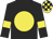 Black body, yellow disc, black arms, yellow armlets, yellow cap, black checked
