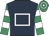 Dark blue, white hollow box, emerald green and white hooped sleeves and cap