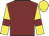 Maroon, yellow sleeves, maroon armlets, yellow cap