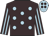Brown, light blue spots, striped sleeves, brown spots on light blue cap