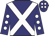 navy, white cross sashes, navy sleeves, white spots, navy cap, white spots