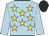 light blue, gold stars, light blue sleeves, black cap