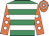 Emerald green, white hoops, orange sleeves, white spots, hooped cap
