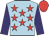 Light blue, red stars, purple sleeves, red cap