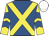Royal blue, yellow cross belts, yellow and royal blue chevrons on sleeves, white cap