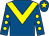 Royal blue, yellow chevron, yellow spots on sleeves, yellow star on cap