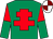 Emerald green, red cross of lorraine, halved sleeves, maroon & white quartered cap