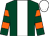 Dark green, white panel, dark green & orange hooped sleeves, white cap