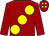 Burgundy, large yellow spots, burgundy cap, yellow spots