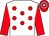White body, red spots, red arms, red and white hooped cap