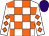 White body, orange checked, white arms, orange diamonds, purple cap