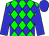 Green, blue diamonds, blue arms, blue cap
