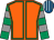 Orange, emerald green seams, emerald green and grey hooped sleeves, royal blue and light blue striped cap