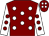 Maroon, white spots, white sleeves, maroon spots, maroon cap, white spots