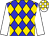Blue and gold diamonds, white sleeves, checked cap