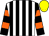 White and black stripes, black and orange hooped sleeves, yellow cap
