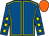 Royal blue, yellow seams, yellow stars on sleeves, orange cap