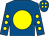 Royal blue, yellow disc, yellow spots on sleeves, royal blue cap, yellow spots