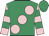Emerald green, large pink spots, pink & emerald green hooped sleeves, emerald green cap