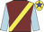 Maroon, yellow sash, light blue sleeves, yellow cap, blue star