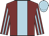 Maroon, light blue stripe, striped sleeves, light blue cap