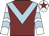 Maroon, light blue chevron, white and light blue chevrons on sleeves, white cap, maroon star