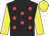 Black, red spots, yellow sleeves & cap