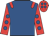 Royal blue, red epaulettes, red sleeves, royal blue spots, red cap, royal blue spots