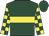 Dark green, yellow hoop, check sleeves, dark green cap