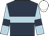 dark blue, light blue hoop, dark blue armbands on light blue sleeves, white cap