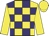 yellow and purple checked, yellow sleeves, yellow cap