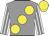 Grey body, yellow large spots, white arms, grey striped, yellow cap