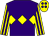 Purple body, yellow diamond hoop, yellow arms, purple stripes, yellow cap, purple spots