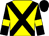 Yellow body, black cross sashes, black arms, yellow armlets, black cap