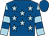 Royal blue, light blue stars, light blue and royal blue hooped sleeves, royal blue cap